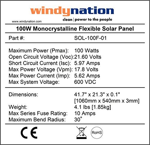 WindyNation 100W 100 Watt 12V Bendable Flexible Thin Lightweight Solar Panel Battery Charger w/ Power Sunpower Cells for RV, Boat, Cabin, Off-Grid