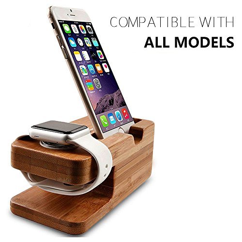 Wooden Apple Watch iPhone Bamboo Stand Charging Cradle Holder Nightstand Station 2 in 1 Dual Charger Dock Fit iPhone 7/7Plus, 6/6 Plus, 5/5S/5C, iWatch 42mm & 38mm Original BASIC / SPORT / EDITION