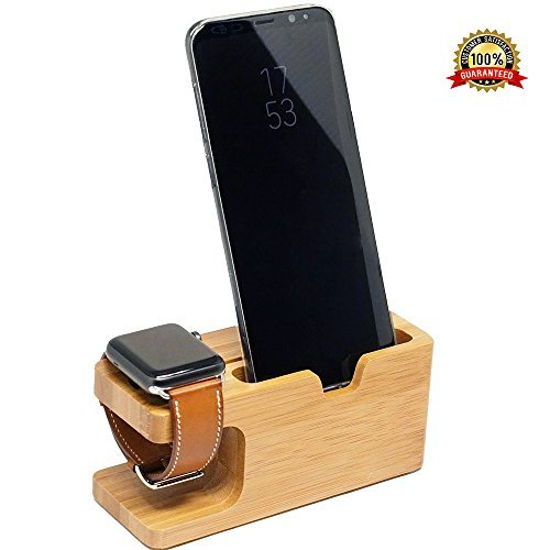 Wooden Apple Watch iPhone Bamboo Stand Charging Cradle Holder Nightstand Station 2 in 1 Dual Charger Dock Fit iPhone 7/7Plus, 6/6 Plus, 5/5S/5C, iWatch 42mm & 38mm Original BASIC / SPORT / EDITION