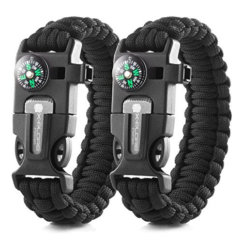 X-Plore Gear Emergency Paracord Bracelets | Set Of 2| The ULTIMATE Tactical Survival Gear| Flint Fire Starter, Whistle, Compass & Scraper/Knife| BEST Wilderness Survival-Kit For Camping/Fishing & More