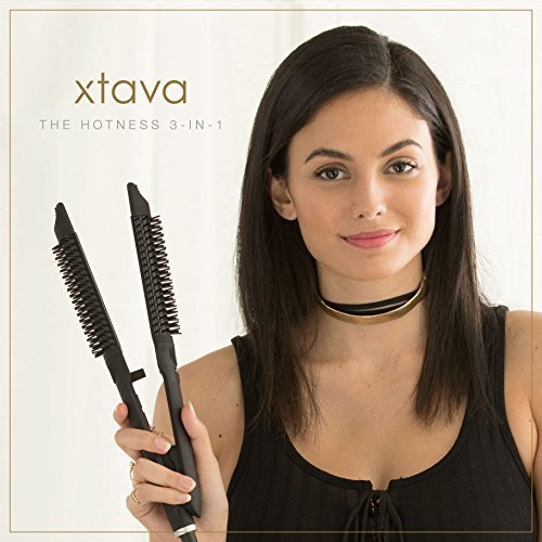 Xtava Hotness 3 in 1 Styler - 1 Inch Flat Iron Curling Iron and Hot Brush - Tourmaline Ceramic Hair Styler Straightener and Curler - Dual Voltage Auto Shut Off Cool Tip Temperature Control Travel Case 