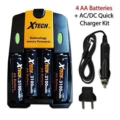 Xtech High Speed AC/DC Charger plus 4 AA NiMH 3100mAh High Capacity Rechargeable Batteries for Nikon Coolpix L840, L830, L820, L810, L620 L610, L320, L30, L28, L26 Digital Cameras.