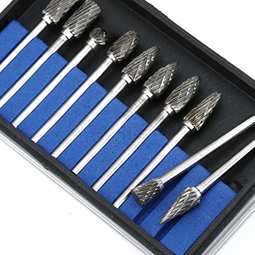 Yakamoz 10 Pieces Double Cut Tungsten Steel Solid Carbide Rotary Burrs Set with 1/8"(3mm) Shank Twist Drill Bit For Dremel Rotary Tools