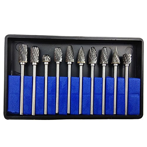 Yakamoz 10 Pieces Double Cut Tungsten Steel Solid Carbide Rotary Burrs Set with 1/8"(3mm) Shank Twist Drill Bit For Dremel Rotary Tools