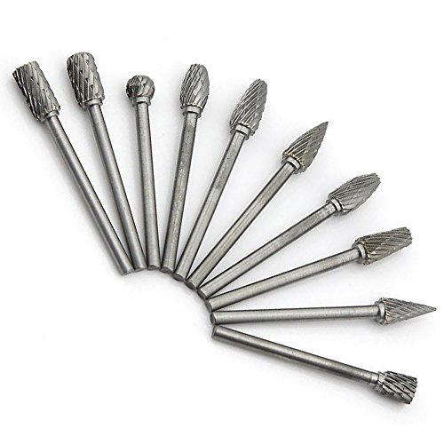 Yakamoz 10 Pieces Double Cut Tungsten Steel Solid Carbide Rotary Burrs Set with 1/8"(3mm) Shank Twist Drill Bit For Dremel Rotary Tools