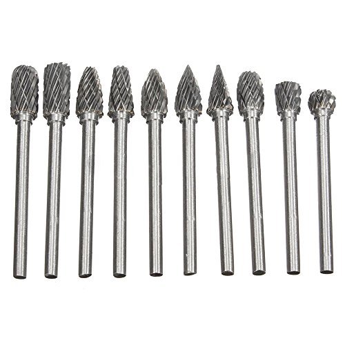 Yakamoz 10 Pieces Double Cut Tungsten Steel Solid Carbide Rotary Burrs Set with 1/8"(3mm) Shank Twist Drill Bit For Dremel Rotary Tools