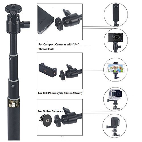 YiSeyruo Selfie Stick Extendable Monopod with Tripod Stand for GoPro Hero 5/4/3+/3/2/1/Session, Samsung Gear 360,4K Action Camera, Ricoh Theta S, Olympus, M15 Camera, 360fly 4K, YI 4K and Cell Phones