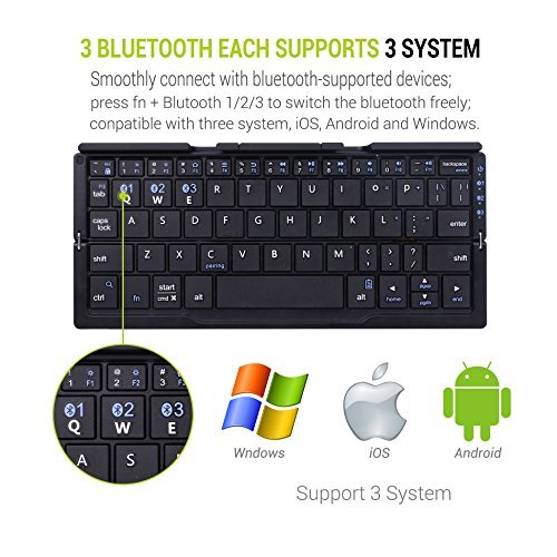 Zerolemon Foldable Portable Bluetooth Keyboard, Wireless Bluetooth Keyboard with Retractable Stands, Rechargeable Battery for iOS, Android, Windows Tablet, Smartphone, iPad etc - Black