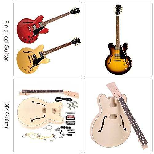 ammoon Unfinished DIY Electric Guitar Kit Semi Hollow Basswood Body Rosewood Fingerboard Maple Neck