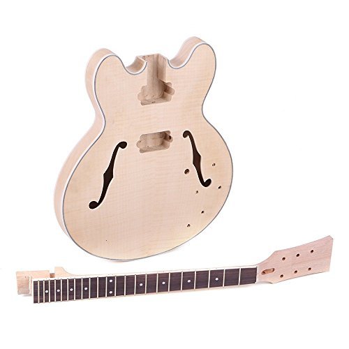 ammoon Unfinished DIY Electric Guitar Kit Semi Hollow Basswood Body Rosewood Fingerboard Maple Neck