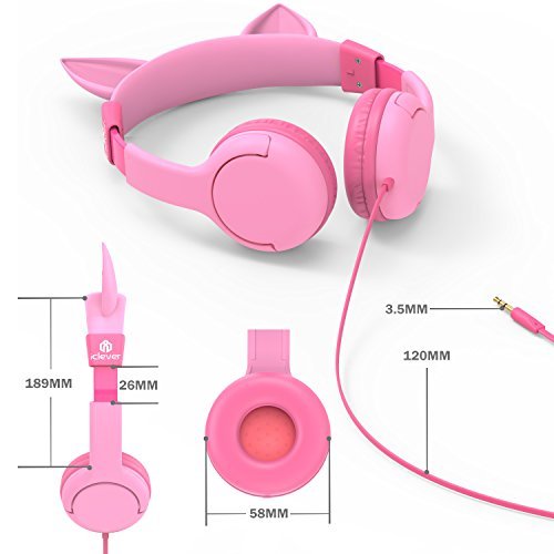 iClever BoostCare Kids Headphones, Wired Over Ear Headphones with Cat Ears, 85dB Volume Limited, Food Grade Silicone, 3.5mm Jack (HS01), Pink