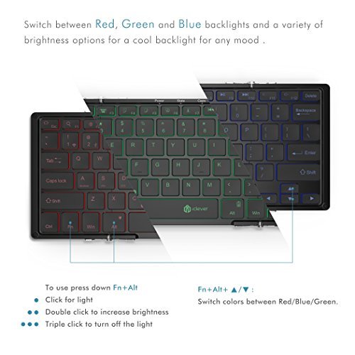 iClever Ultra Slim Wireless Keyboard, Tri-folding Premium Aluminum Alloy Bluetooth Keyboard with 3-color Backlight for iOS Windows PC, Tablets, Smartphones