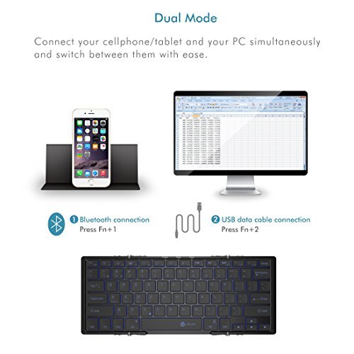 iClever Ultra Slim Wireless Keyboard, Tri-folding Premium Aluminum Alloy Bluetooth Keyboard with 3-color Backlight for iOS Windows PC, Tablets, Smartphones