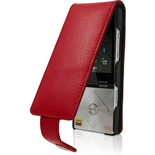 iGadgitz Red Leather Flip Case Cover for Sony Walkman NWZ-A15 NWZ-A17 NW-A25 NW-A27 8GB 16GB 32GB & 64GB with Detachable Carabiner + Belt Loop + Magnetic Closure + Screen Protector