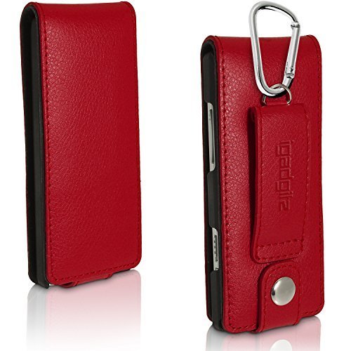 iGadgitz Red Leather Flip Case Cover for Sony Walkman NWZ-A15 NWZ-A17 NW-A25 NW-A27 8GB 16GB 32GB & 64GB with Detachable Carabiner + Belt Loop + Magnetic Closure + Screen Protector