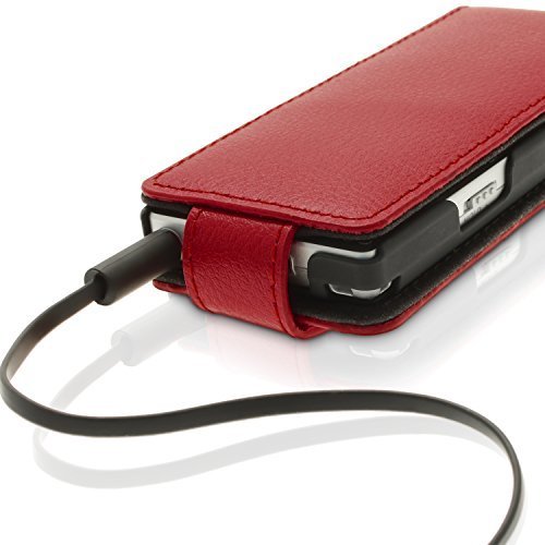 iGadgitz Red Leather Flip Case Cover for Sony Walkman NWZ-A15 NWZ-A17 NW-A25 NW-A27 8GB 16GB 32GB & 64GB with Detachable Carabiner + Belt Loop + Magnetic Closure + Screen Protector