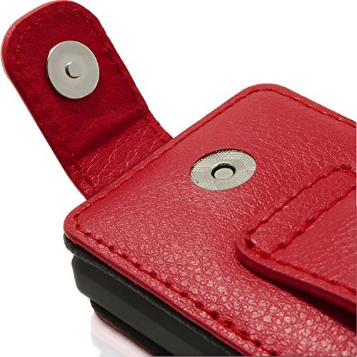 iGadgitz Red Leather Flip Case Cover for Sony Walkman NWZ-A15 NWZ-A17 NW-A25 NW-A27 8GB 16GB 32GB & 64GB with Detachable Carabiner + Belt Loop + Magnetic Closure + Screen Protector