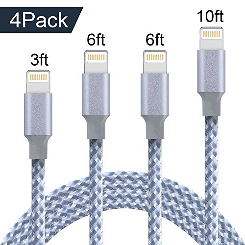 iPhone Cable,Iseason Lightning Cable 4Pcks 3FT 6FT 6FT 10FT to USB Syncing and Charging Cable Data Nylon Braided Cord Charger for iPhone 7/7 Plus/6/6 Plus/6s/6s Plus/5/5s/5c/SE and more (Gray&White)