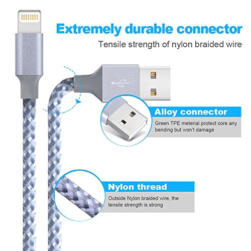 iPhone Cable,Iseason Lightning Cable 4Pcks 3FT 6FT 6FT 10FT to USB Syncing and Charging Cable Data Nylon Braided Cord Charger for iPhone 7/7 Plus/6/6 Plus/6s/6s Plus/5/5s/5c/SE and more (Gray&White)