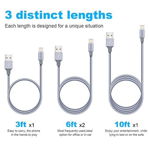 iPhone Cable,Iseason Lightning Cable 4Pcks 3FT 6FT 6FT 10FT to USB Syncing and Charging Cable Data Nylon Braided Cord Charger for iPhone 7/7 Plus/6/6 Plus/6s/6s Plus/5/5s/5c/SE and more (Gray&White)