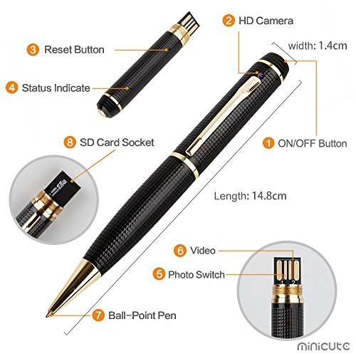 minicute HD 1080p Hidden Camera Spy Pen Bundle with 16Gb C10 Micro SD Card, 8 Ink Fills, Card Adapter and Card Reader