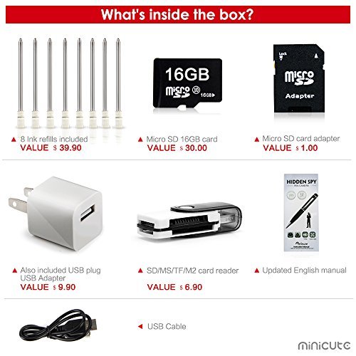 minicute HD 1080p Hidden Camera Spy Pen Bundle with 16Gb C10 Micro SD Card, 8 Ink Fills, Card Adapter and Card Reader