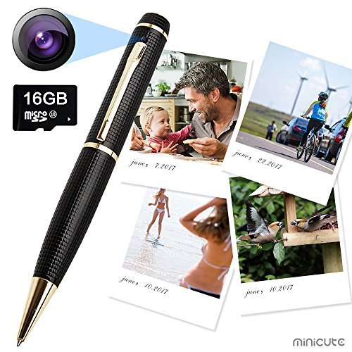 minicute HD 1080p Hidden Camera Spy Pen Bundle with 16Gb C10 Micro SD Card, 8 Ink Fills, Card Adapter and Card Reader